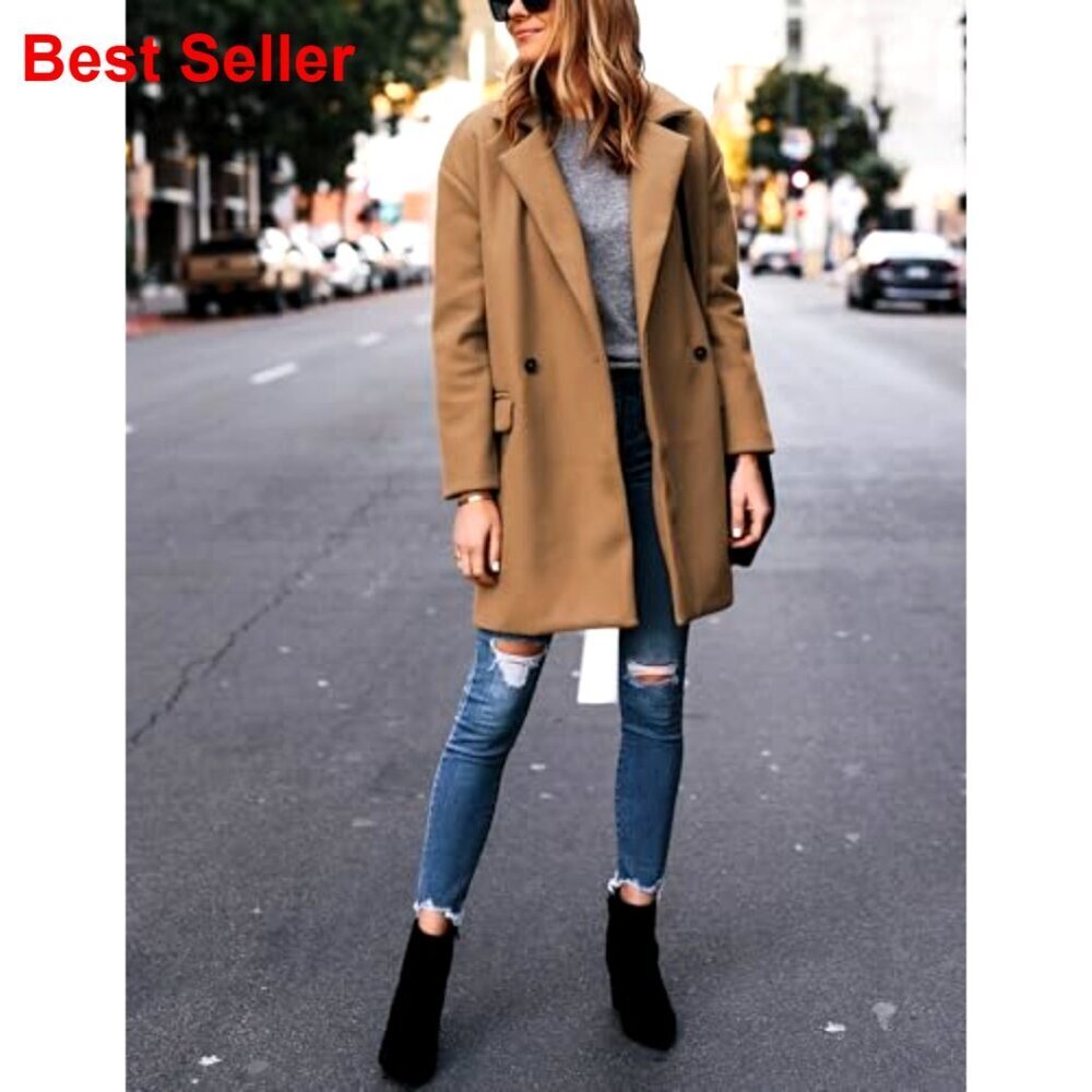 Notched Lapel Wool Blend Pea Coat Single Breasted Blazer Style - Picture 3 of 7